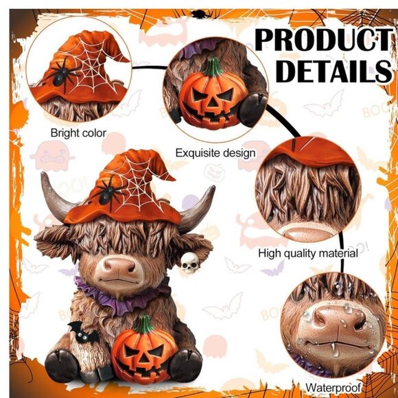 💎2 Pcs Highland Cow Figurines Halloween Pumpkin Skull Spider Highland Cow - Picture 4 of 4